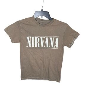 Nirvana Stencil Logo Smiley Face Olive Green Cotton  Graphic T-Shirt Size Small